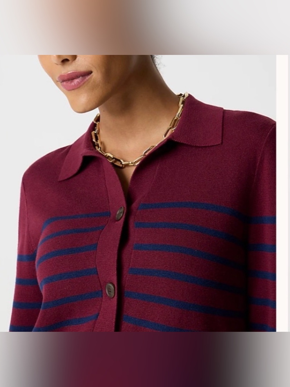 J Crew Striped collared sweater-jacket vintage burgundy navy 100% cotton medium - Picture 2 of 9